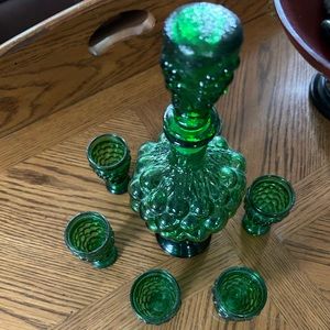 Vintage Vetreria Etrusca Grape Glass Green Liquor Decanter & 6 Footed Glasses